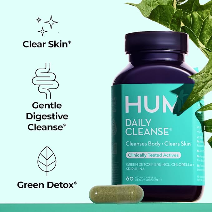 HUM Daily Cleanse Acne Supplements for Women & Men, Gentle Digestive Cleanse for Clear Skin Support, Zinc, Spirulina, Chlorella, Detoxifying Herbs, Organic Algae, Skin Vitamins Supplement, 60 Capsules