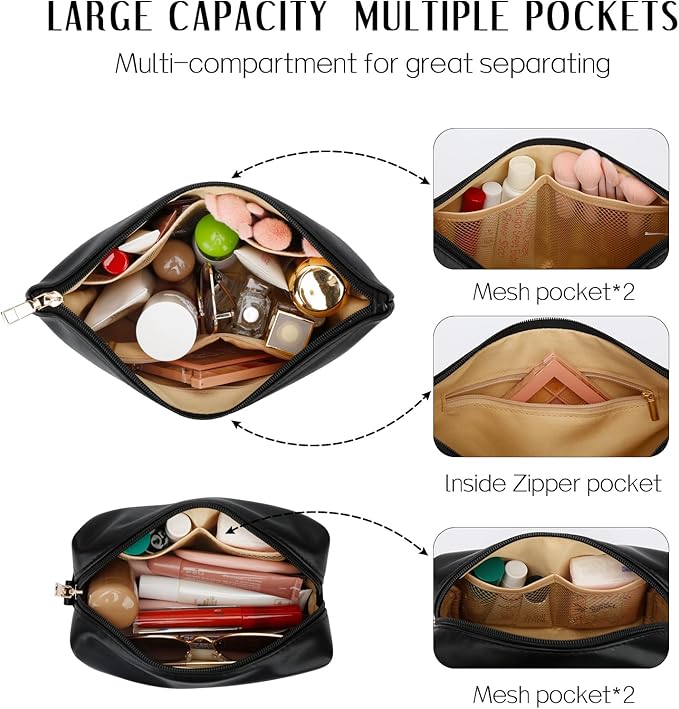 Women Gifts | Initial Makeup Bag Set for Girl Personalized Gifts for Bridesmaid Friend Graduation Teachers PU Leather Cosmetic Travel Toiletry Bag(Black,M)