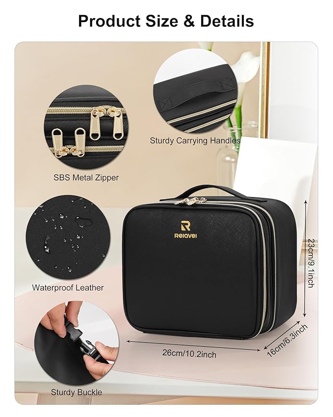 Relavel Makeup Bag with LED Mirror, Small Travel Makeup Case with Rechargeable Lighted Mirror 3 Color Lights, Double Layer Cosmetic Box Makeup Brush Lipstick Holder Organizer for Women, Black