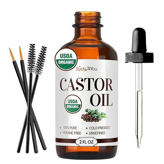 BodyJ4You Organic Castor Oil - 100% Pure Natural Cold Pressed USDA Certified Organic - Hexane Free Unrefined Non GMO - Lashes & Eyebrow Kit Mascara Tube Brush Wand Hydrating Oil - Glass Bottle 2oz