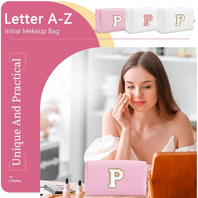 Personalized Initial A-Z Preppy Patch Makeup Bag,Small PU Chenille Letter Cosmetic Bag with Zipper for Teen Girls,Pink Cute Toiletry Organizer Bag,Monogram Makeup Case Gift for Women Girls,Letter P