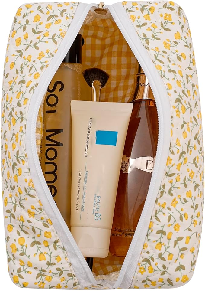 JOVAKIT Square Makeup Bag Cute Cosmetic Bag for Women, Floral Coquette Aesthetic Toiletry Bag, Zipper Make Up Pouch, Travel Make Up Organizer Bag (Yellow Floral)