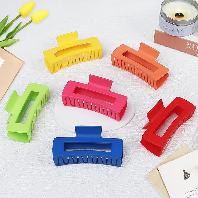 4 Inch Big Hair Claw Clips 6 Pcs Large Claw for Thick Hair Square Hair Clips for Women Rectangle Hair Clips Nonslip Acrylic Banana Jaw Clips Hair Accessories for Girls (Dopamine)