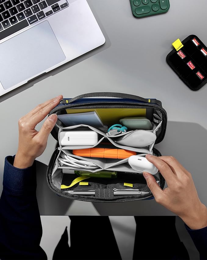 tomtoc Electronic Organizer Accessory Tech Pouch for MacBook Charger, Cables, Power Bank, Hard Drive, Cords, Water-resistant Storage Bag with Removable Card Slots for USB Adapter, Memory Card, Blue