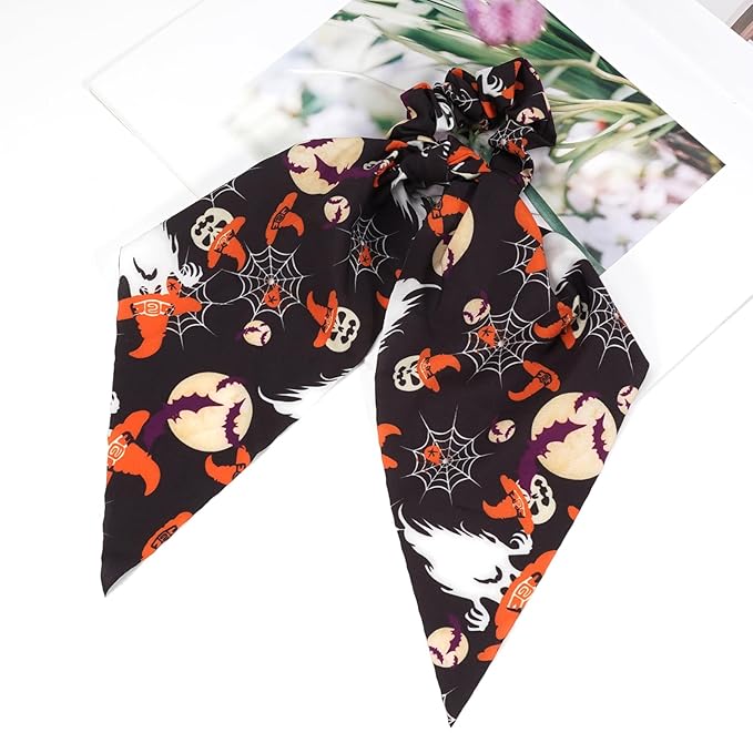 Halloween Hair Ties for Women Girls Spooky Witch Hat Bat Pumpkin Hair Scrunchies Moon Hair Tie Ribbon Hair Bows Halloween Hair Accessories