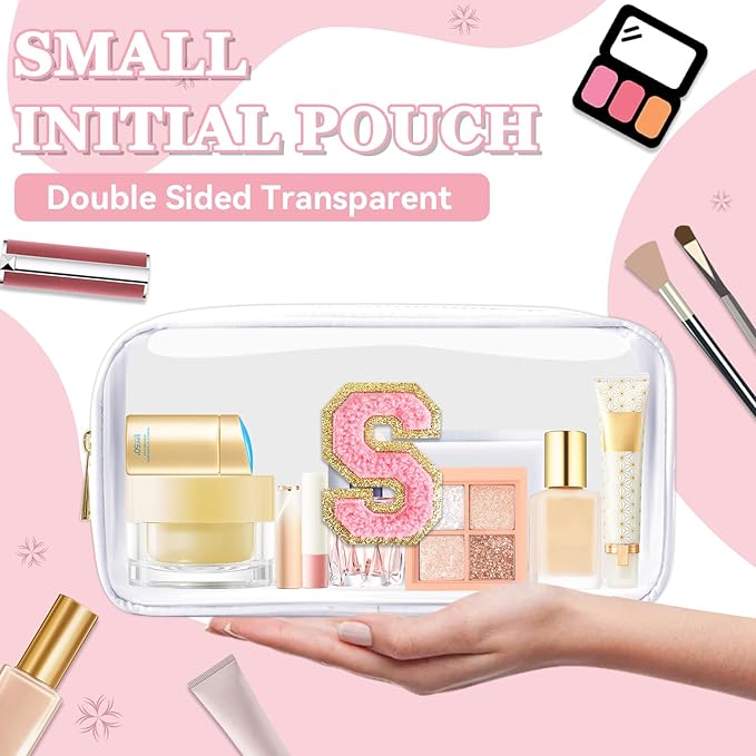 Small Clear Personalized Initial Makeup Bag,Nylon Preppy A-Z Chenille Letter Patch Cosmetic Pouch Beach Toiletry Bag,Waterproof Zipper Travel Purse Storage Bag Organizer for Women Girls(White-Pink S)
