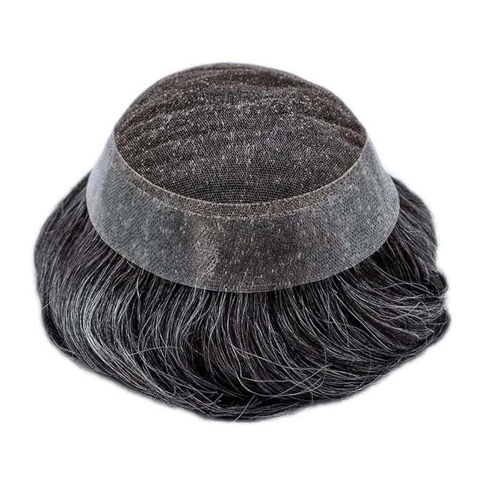 FACE MIRACLE Lace Front Mens Toupee Human Hair System Swiss Lace Center Toupee for Men Thin Skin PU Hair Replacement System V-Looped Mens Hair Wig 7"X9" #1B40 1B# OFF BLACK WITH 40% SYNTHETIC GREY