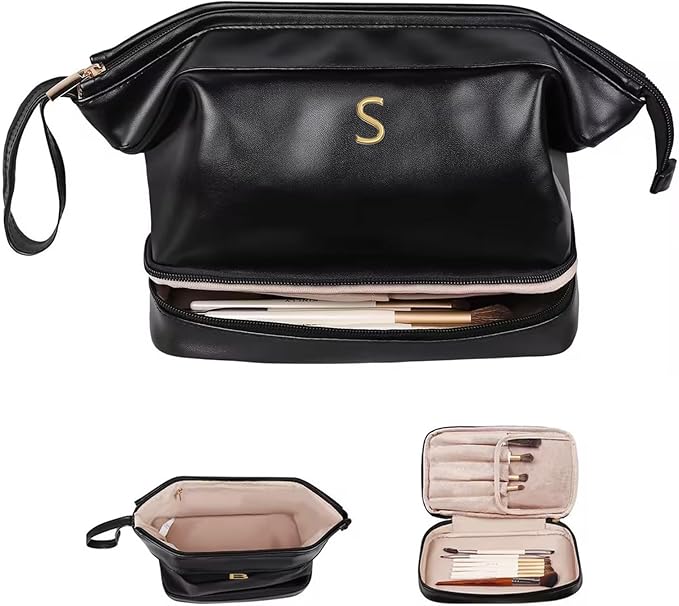 Personalized Gifts, Initial Makeup Bag, Personalized Double Layer Cosmetic Bag with Makeup Brush Organizer, Large Capacity PU Leather Travel Toiletry Bag Bride Gifts, Bridal Party Gifts