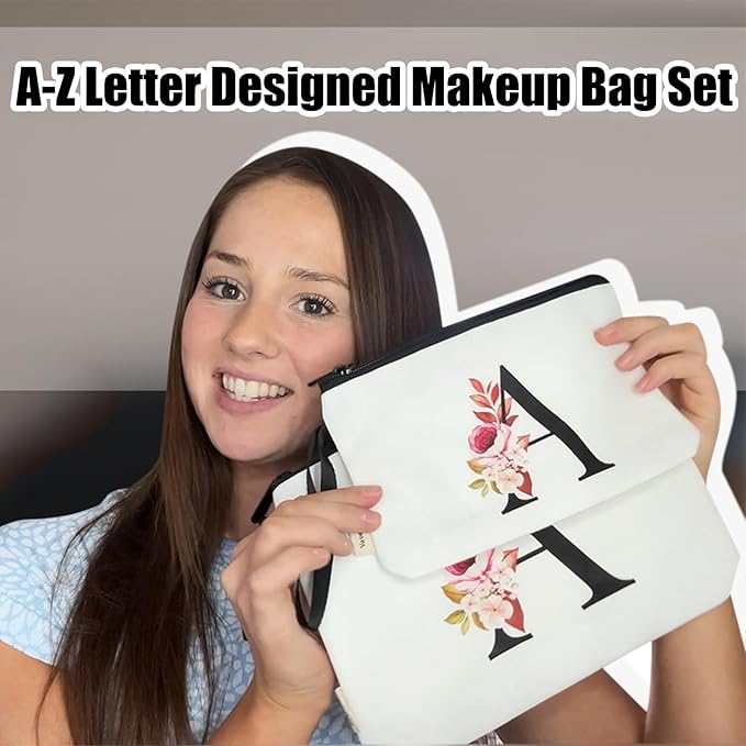 Vavabox A-Z Personalized Makeup Bag, Birthday Gifts for Women Mom, Gifts for Best Friend, Bride Bridesmaid Cosmetic bag (Y, 03-White Set)