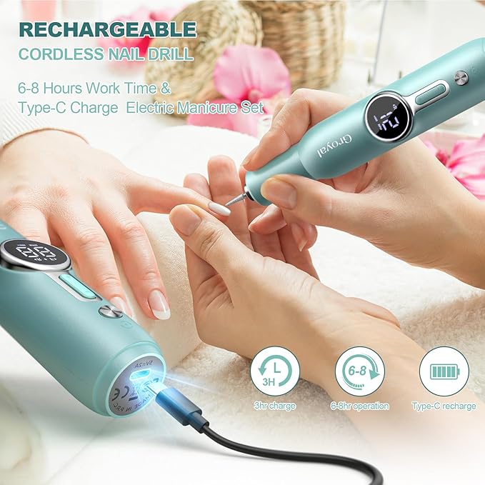 Nail Drill Kit, Cordless Electric Nail Drill Professional Kit 20000rpm Electric Nail File Drill for Acrylic Gel Nails, E-File Nail Kit for Manicure Salon Home