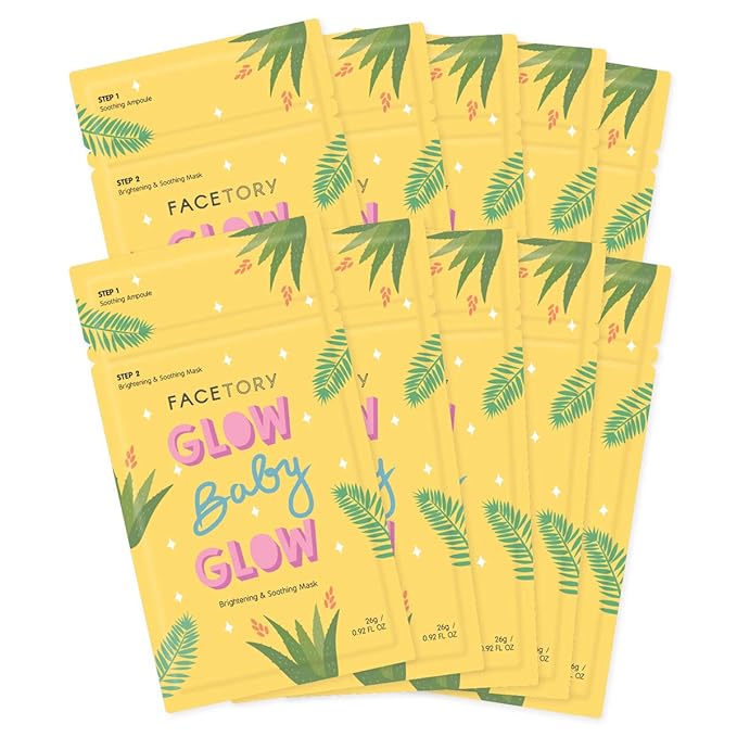 FACETORY K Beauty Face Mask Skin Care - Glow Baby Glow 2-Step Sheet Mask with Niacinamide & Aloe + Calming Ampoule | Brightens, Hydrates, Glowing Skin (10 Pack)