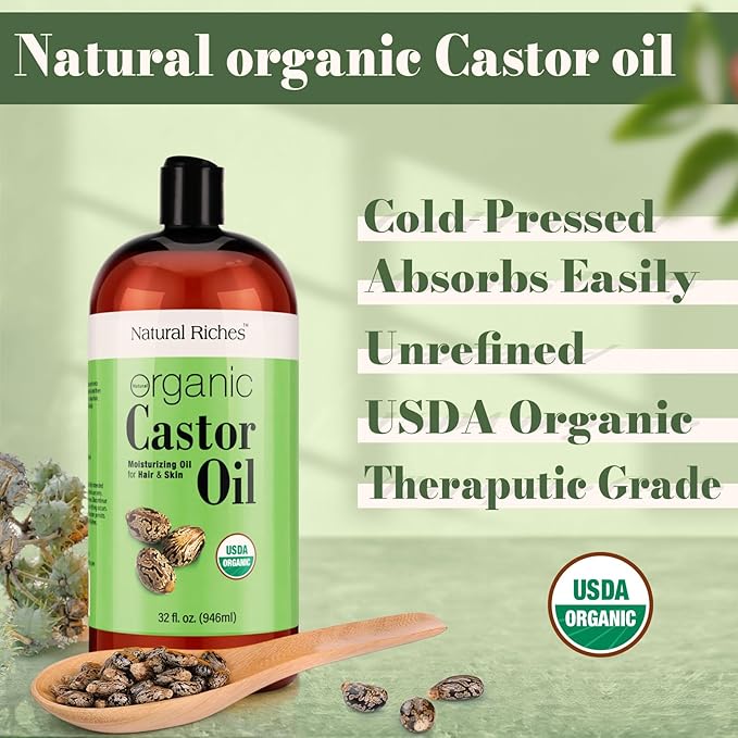 Natural Riches Organic Castor Oil - Cold Pressed, USDA Certified for Dry Skin, Hair Loss, Dandruff, Hair Growth, and Thicker Eyelashes & Eyebrows - 32 fl. oz.