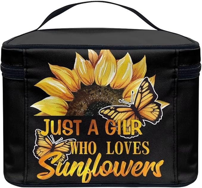 JoyLamoria Inspiring Sunflower Butterfly Cosmetic Bag Travel Women Girls Makeup Bag Wallet Coin Purse