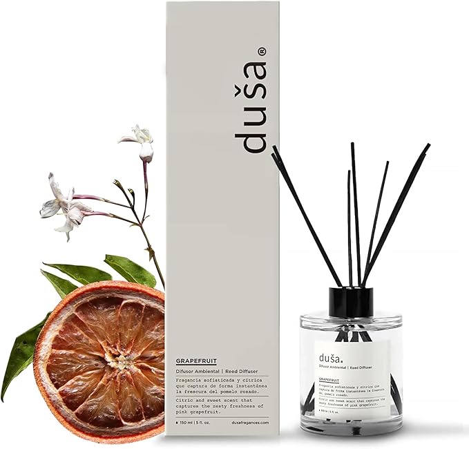 Duša Grapefruit Reed Diffuser & Sticks - 5 Fl Oz Essential Home Fragrance for Bathroom, Office & Living Spaces – Stylish & Long-Lasting Room Air Freshener - Ideal for Housewarming & Special Occasions