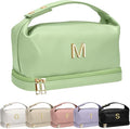 College Gifts for Women, Personalized Makeup Bag with Handle, Initial Double Layer Cosmetic Bag with Makeup Brush Organizer, Cute Cosmetic Pouch for Women, Gifts for Friends Female Mom