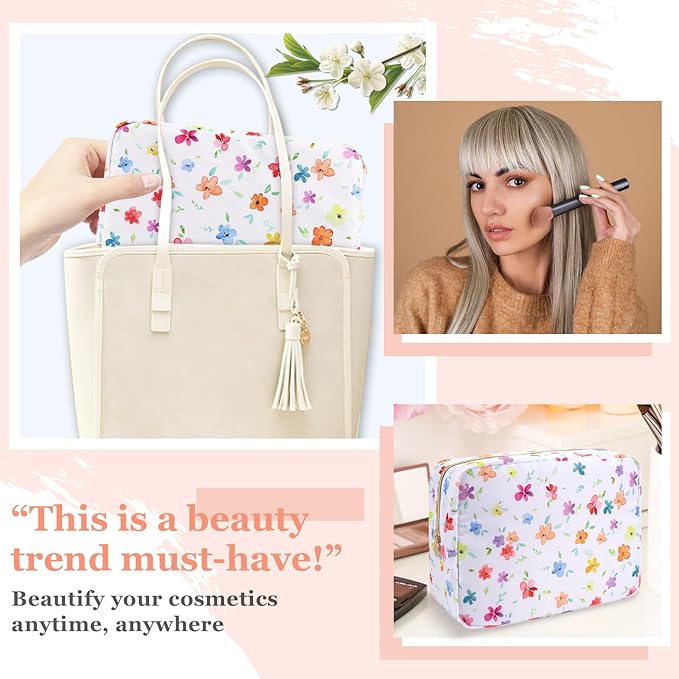 Nylon Large Floral Makeup Organizer Bag, Preppy Big Cute Flower Cosmetic Zipper Pouch Multi-compartment with Dividers, Waterproof Toiletry Makeup Brushes Bag Travel Essentials for Women(White-Flower)
