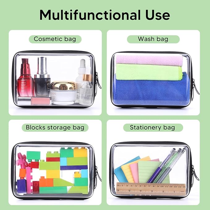 3Pcs Clear Zipper Pouch, PVC Plastic Cosmetic Travel Bag, Portable Travel Organizer Bins, Durable Makeup Bags for Storage, Pencil Case(Black-13.8+9.9+7.5inch)