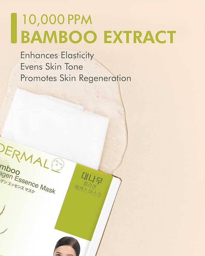 DERMAL Bamboo Collagen Essence Facial Mask Sheet 23g Pack of 10 - Hydrating & Calming, For Dewy and Glowing Skin, Daily Skin Treatment Solution Sheet Mask