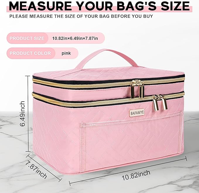 Double Layer Travel Makeup Bag for Women, Large Cosmetic Case Organizer with Makeup Brush Compartment, Portable Train Case Make Up Bag for Travel-Size