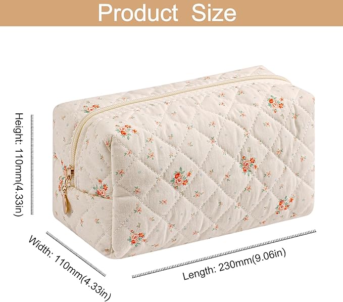 Makeup Bag Travel Cosmetic Bag for Women Girls, Zipper Make Up Pouch, Floral Flowers Toiletry Organizer Makeup, Portable Storage Bag, Cosmetic Travel Cloth Bag (White Small Flower)