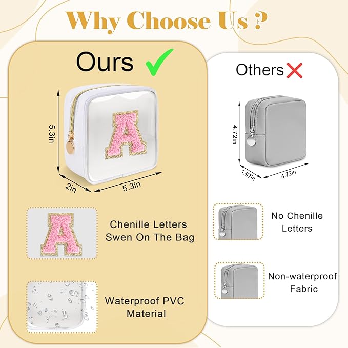 Personalized Initial Letter Clear Preppy Makeup Bag,Mini Nylon Chenille Letter Cosmetic Bag Cute Zipper Pouch Purse for Teen Girls,Portable TSA Approved Beach Travel Essentials Bag Gift for Women,W