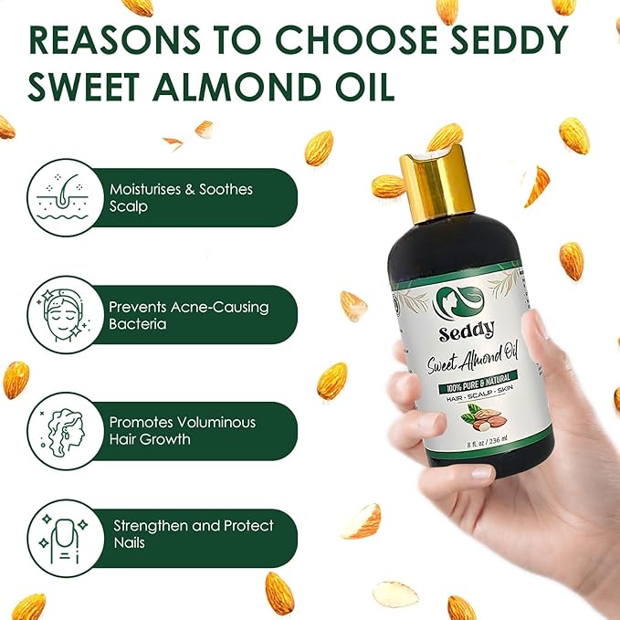 Seddy Sweet Almond Oil - 100% Pure & Natural Carrier Oil for Skin, Face, Hair, Soap Making, Essential Oils & Aromatherapy - Premium Moisturizer & Softener, Hexane-Free - 8 Fl. Oz