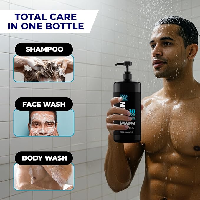 Dead Sea Collection TOP 10 ACTIVE Mens Body Wash 3 in 1 – Sandalwood Body Wash for Men – Shower Gel – Shampoo – Shower Soap for Face and Hair – Pack of 2 Bottles (33.8 Fl. Oz. Each)