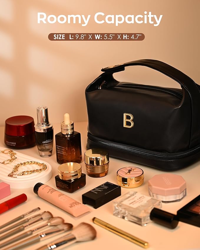 Birthday Gifts for Women, Personalized Makeup Bag with Handle, Initial Double Layer Cosmetic Bag with Makeup Brush Organizer, PU Leather Travel Toiletry Bag, Gifts for Friends Female Mom
