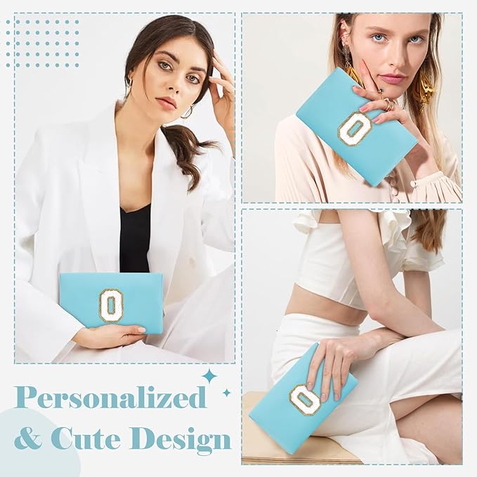 Small Personalized Initial A-Z Preppy Patch Makeup Bag,PU Chenille Letter Travel Cosmetic Pouch with Zipper,Blue Cute Toiletry Bag,Gift Ideal for Teen Girls Women Teacher Bridesmaid,Letter O