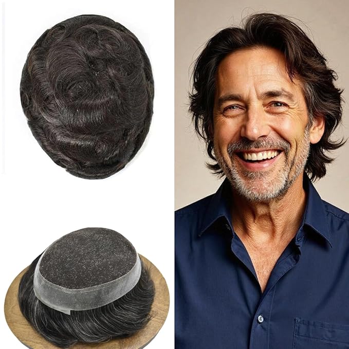Toupee for Men French Lace Center Human Hair Replacement Systems Transparent Lace Center Hair Piece Mens Toupee Hair Units for Man V-Looped Front Male Hair Prosthesis 7"X10" #2 Darkest Brown
