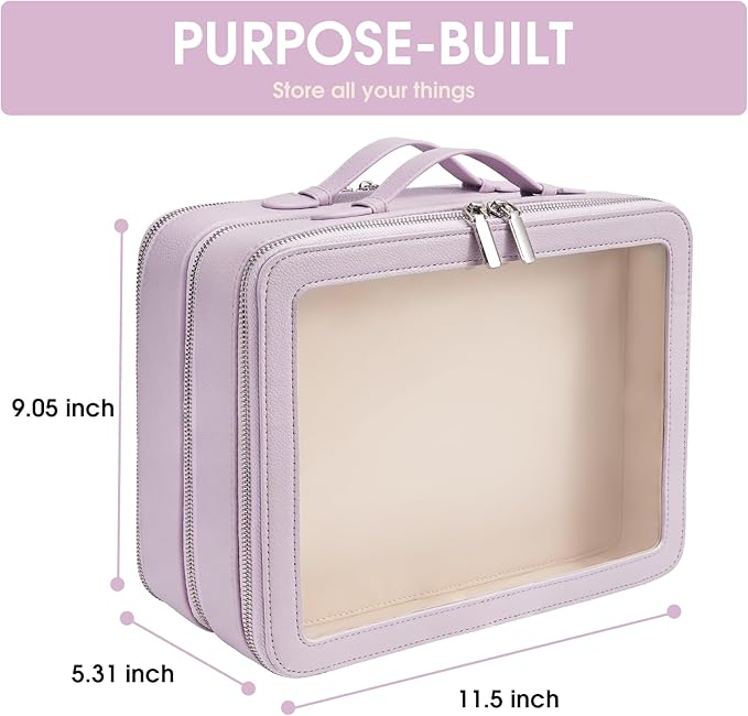 Clear Makeup Bag,Large Toiletry Case for Women,PU Leather Travel Cosmetic Bag,Detachable Makeup Case,Double Compartment Make up Organizer