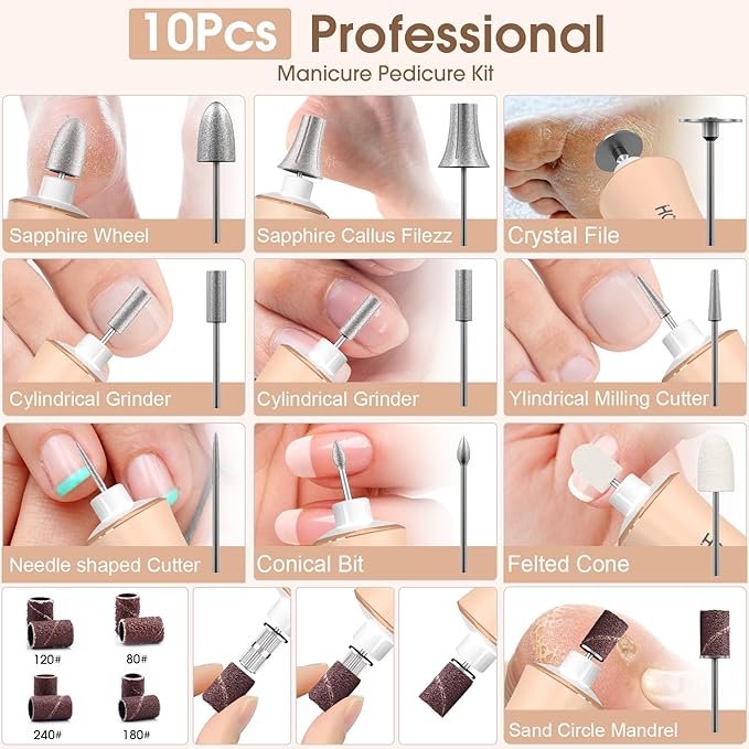 Professional Manicure Pedicure Kit with 360° LED Light&10 Speeds&Memory Mode with Case, Cordless Electric Nail Drill, Pedicure Tools for feet,Hand Foot Care Nail File for Thick Nail Toenail Cuticle