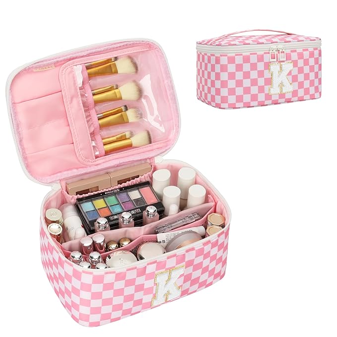 OCHEAL Makeup Bag for Women, Monogram Cosmetic Bag with Brush Holder, Pink Travel Makeup Case Beauty Toiletry Bag Organizer Personalized Gifts for Girls Bridesmaid, Sister, Wife, Friends Initial K