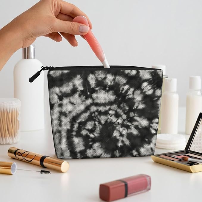 MOLAIGIN Tie Dye Black White Grey Cosmetic Bag For Women, Travel Makeup Bag, Toiletry Zipper Bag, Large Capacity Aesthetic Cases