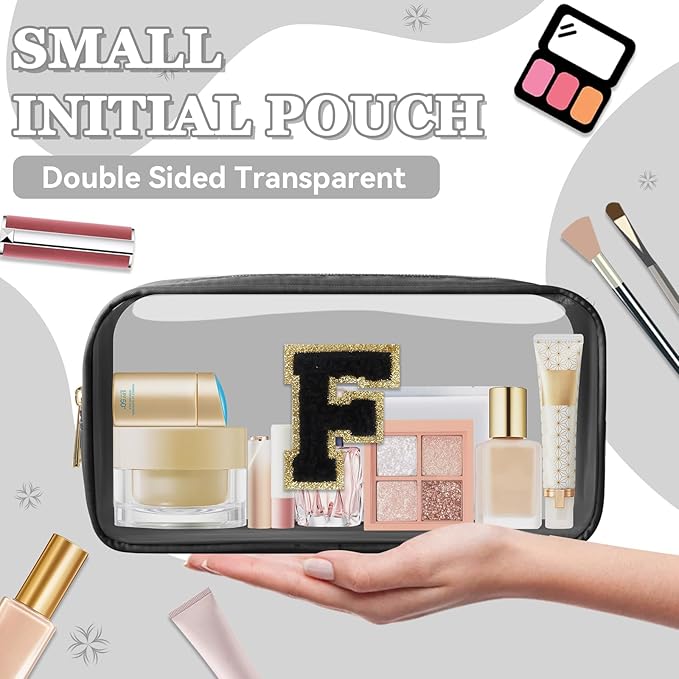 Small Clear Personalized Initial Makeup Bag,Nylon Preppy A-Z Chenille Letter Patch Cosmetic Pouch Beach Toiletry Bag,Waterproof Zipper Travel Purse Storage Bag Organizer for Women Girls(Black-Black F)