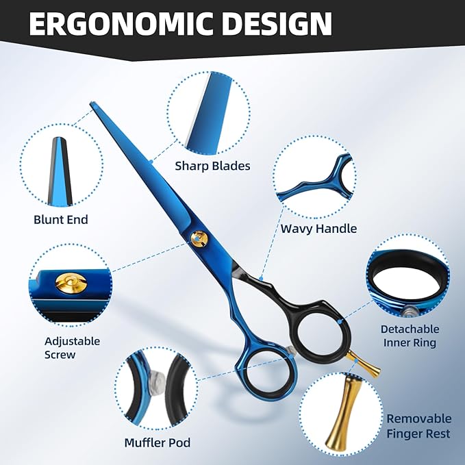Hair Cutting Shears Sets - Professional 9 PCS Haircut Scissors Kit with 6.5" Thinning/Texturizing Scissors (29 Teeth) and Straight Shears for Men Women Home Salon (Black & Blue)