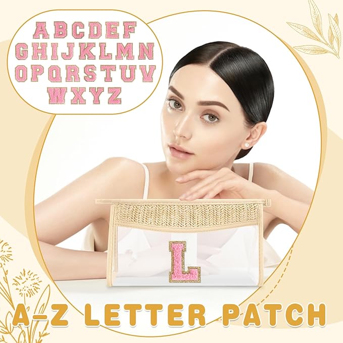 Small Boho Straw Initial Letter Makeup Bag Personalized Gift ,Cute Clear Chenille Patch Makeup Bag With Zipper,Trendy TSA Approved Travel Toiletry Bag,Gift for Women Girls Birthday Friend, Letter L