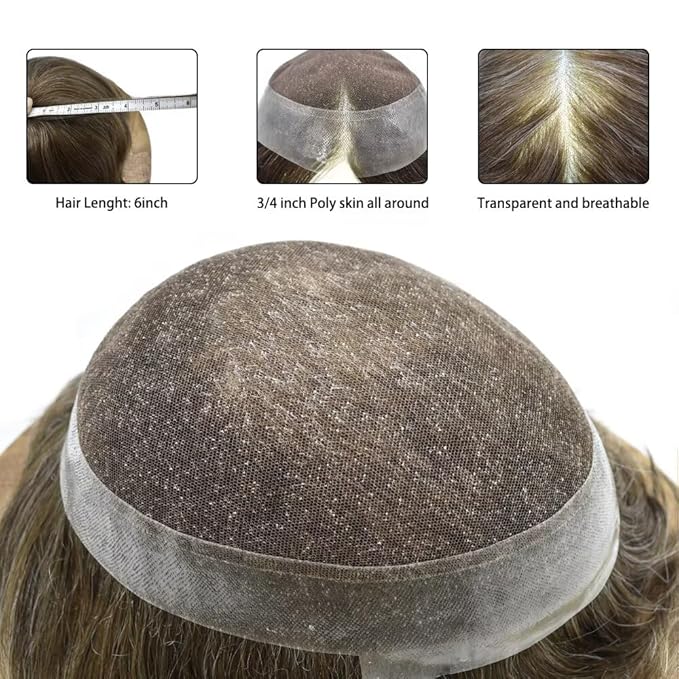FACE MIRACLE Hair System for Men French Lace Mens Toupee Human Hair Replacement System Lace with PU Toupee for Men Male Hair Piece Wigs 6"X9" #530 5# MEDIUM LIGHT BROWN WITH 30% SYNTHETIC GREY