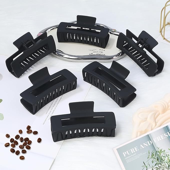 4 Inch Big Hair Claw Clips 6 Pcs Large Claw for Thick Hair Square Hair Clips for Women Rectangle Hair Clips Nonslip Acrylic Banana Jaw Clips Hair Accessories for Girls (Black)
