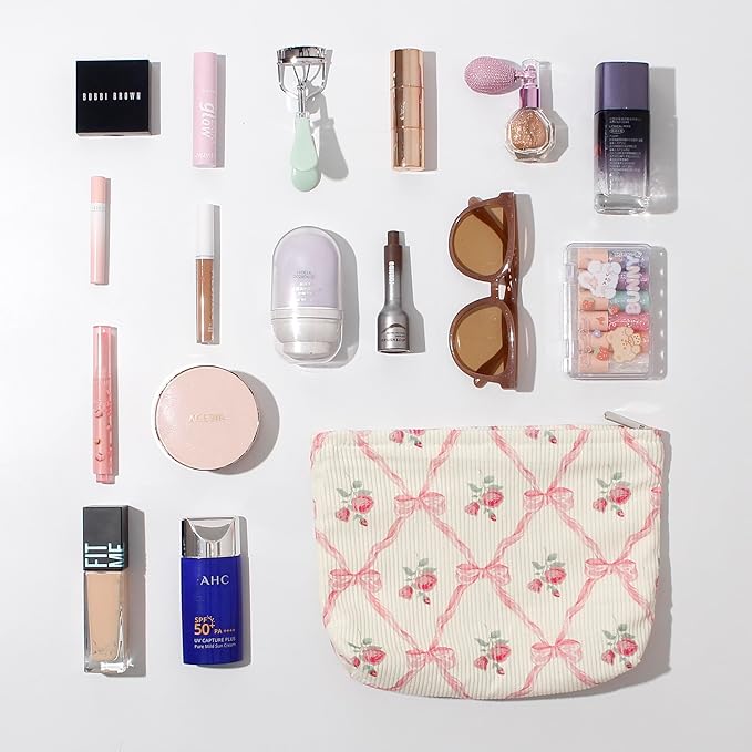 Cosmetic Bags for Women - Corduroy Cosmetic Bag Aesthetic Women Handbags Purses Smile Dots Makeup Organizer Storage Makeup Bag Girls Case Bags (Flowers-Beige strawberry)