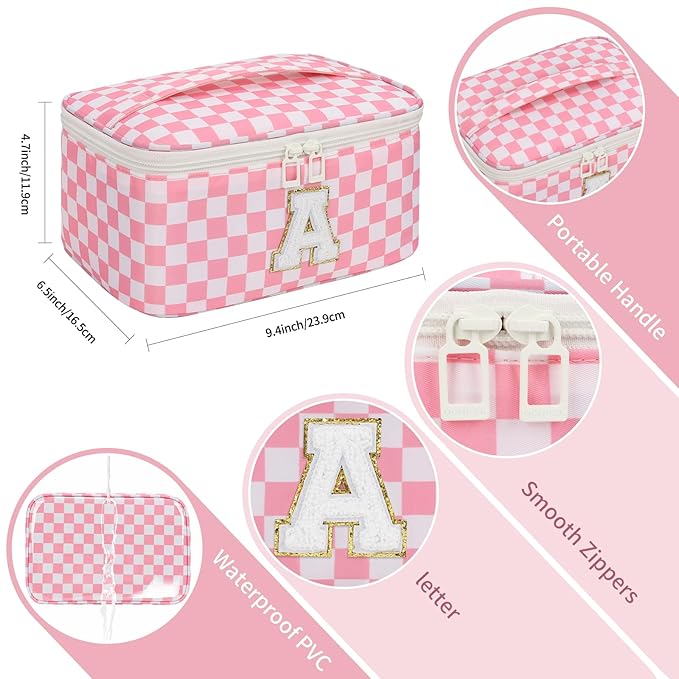 OCHEAL Makeup Bag for Women, Monogram Cosmetic Bag with Brush Holder, Pink Travel Makeup Case Beauty Toiletry Bag Organizer Personalized Gifts for Girls Teens Bridesmaid Sister Wife Friends Initial A