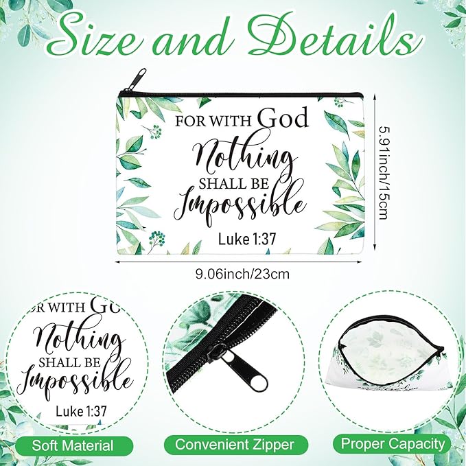 Hillban 36 Pcs Christian Gifts for Women Christian Makeup Bag Bible Verse Cosmetic Bag Inspirational Pencil Case with Zipper Green Leaves Travel Organizer Pouch for Cosmetics Makeup Brushes, 12 Styles