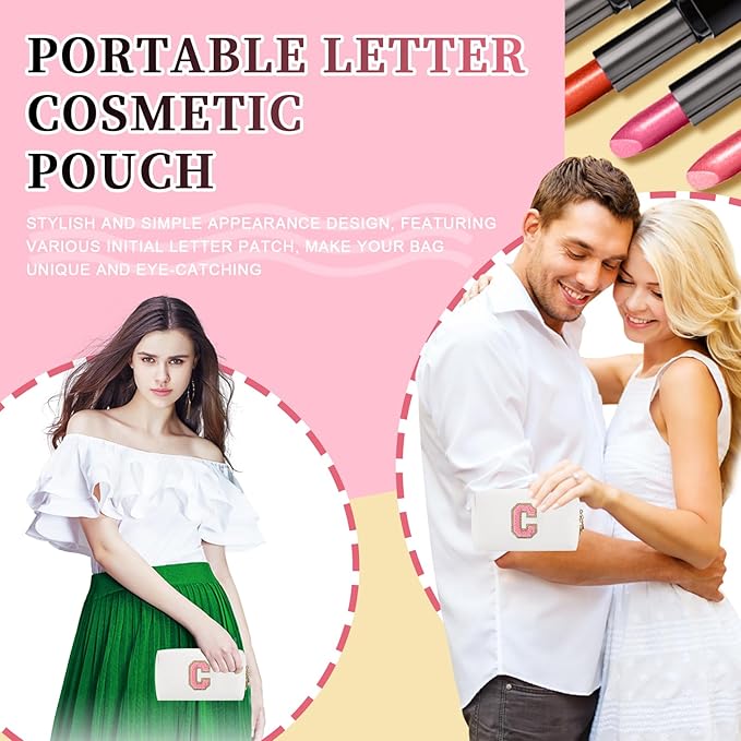 Personalized Initial Letter Patch Makeup Bag, Preppy Portable Chenille Letter Cosmetic Bag with Zipper, PU Leather Waterproof Travel Toiletry Bag Monogram Make Up Pouch for Women Girls(Letter C)