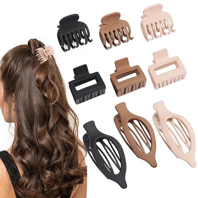 Mehayi 9 PCS Matte Hair Clips Claw for Women Girls, 3 Styles Nonslip Small Hold Strong Hold Cute Jaw Clip Barrettes for Thick Thin Long Short Hair, Fashion Acrylic Hair Clamps Styling Accessories