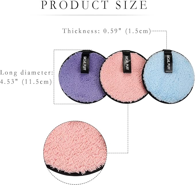 Vtrem 3 Colors Makeup Remover Pads: Reusable Soft Facial Cleaning Puffs Towels Christmas gifts Double-Side Washable Make Up Removing Cloth Microfiber Multi-function, Pink/Purple/Blue