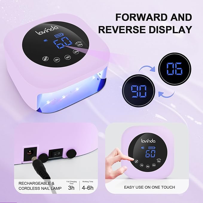 Lavinda LED Nail Lamp 54W Rechargeable Cordless UV Nail Light, Professional Gel Nail Lamp with Timer Display, Fast Drying UV Lamp for Gel Nails, Matte Macaron Purple Nail Dryer for Salon & Home