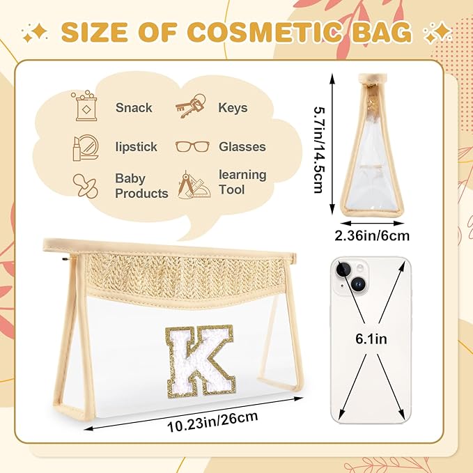 Personalized Initial Letter Bag Boho Straw Clear Makeup Bag,Small Cute Chenille Varsity Letter Pouch With Zipper,Beach Travel Toiletry,Portable Monogrammed Cosmetic Bag for Women Girls,K