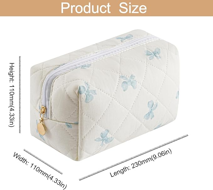 Makeup Bag Travel Cosmetic Bag for Women Girls, Zipper Make Up Pouch, Floral Flowers Toiletry Organizer Makeup, Portable Storage Cosmetic Travel Cloth Bag (Pink+Blue Bow Tie)