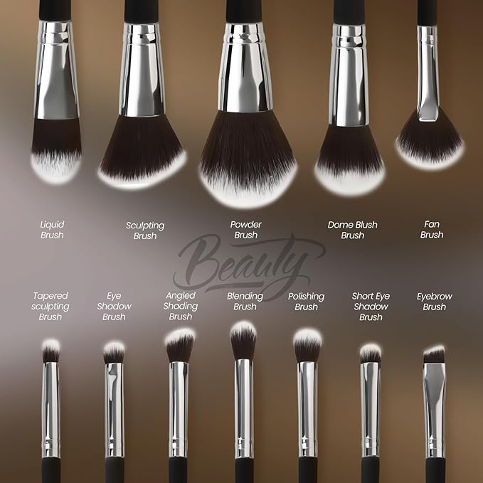Makeup Brushes Set 12 Piece Professional & Beginner Friendly, Soft Synthetic Bristles for Face Eyeshadow Blending, Easy to Clean Travel Ready with Case, Ergonomic Wooden Handle (Dark Black)