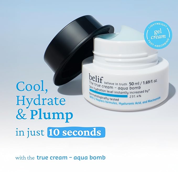 belif Aqua Bomb – Daily Niacinamide Hydrating Moisturizer, Lightweight Plumping Facial Cream with Hyaluronic Acid & Squalane, Cooling Effect, Anti-Aging, Korean Skincare, 1.68 fl oz (50ml)
